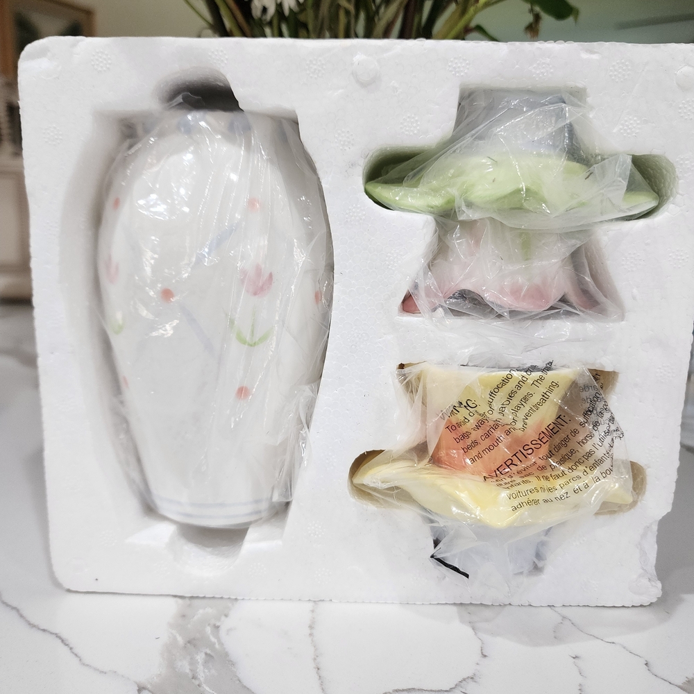 Avon White Porcelain Floral Candle Set with Pink and Green Accents